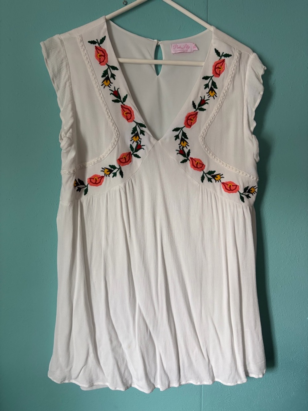 Pink Lily White V-Neck Sleeveless Top with Floral Embroidery